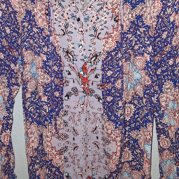 Lucky Brand • Blue Purple Tile Print Long Sleeve Boho Tunic Pesant M - Picture 4 of 6